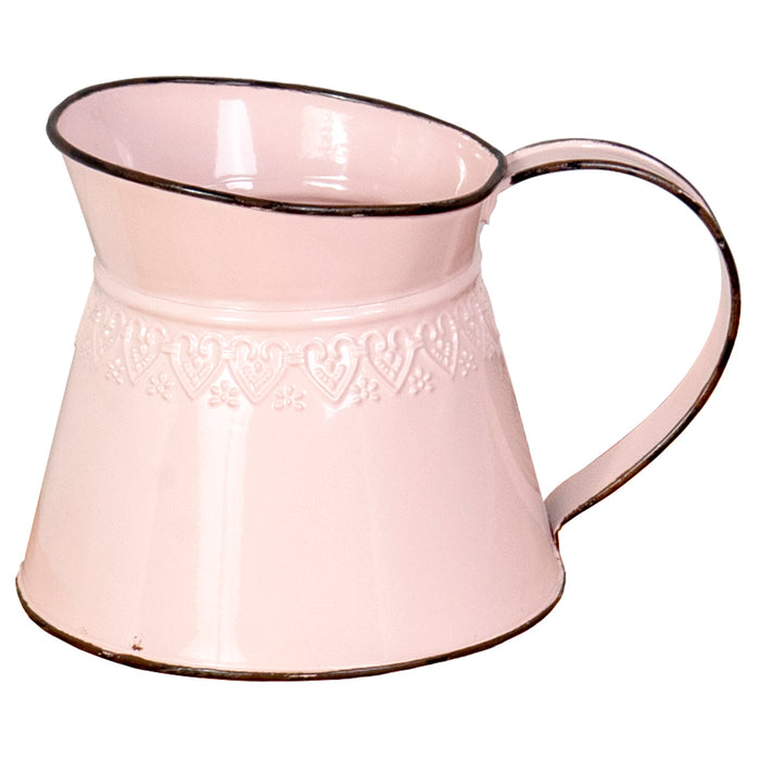 Red Co. Short Pink Pitcher Enameled Metal Heart Design Flower Vase Planter Holder for Home and Garden