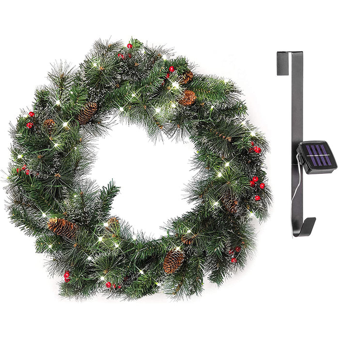 Red Co. 26 Inch Light-Up Christmas Wreath with Pinecones & Pine, Solar Powered LED Lights