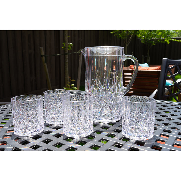 Break Resistant Crystal Clear Plastic Pitcher with Lid and 4 Tumbler Glasses Drinkware Set - Perfect for Iced Tea, Sangria, Lemonade (88 fl oz. pitcher - 14 fl oz. glasses)