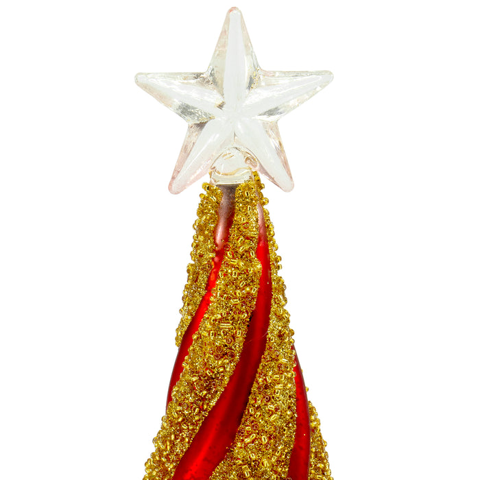 Red Co. Glass Christmas Tree Figurine Ornaments, Festive Gold and Red Light-Up Holiday Season Decor, 11-inch, 9.5-inch, 8-inch, Set of 3