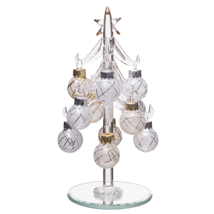 Mini Glass Christmas Tree, Small Glass Table Top Decoration with Removable Sphere Ornaments, Silver & Gold Orbs, Holiday Season Décor, 6-inch