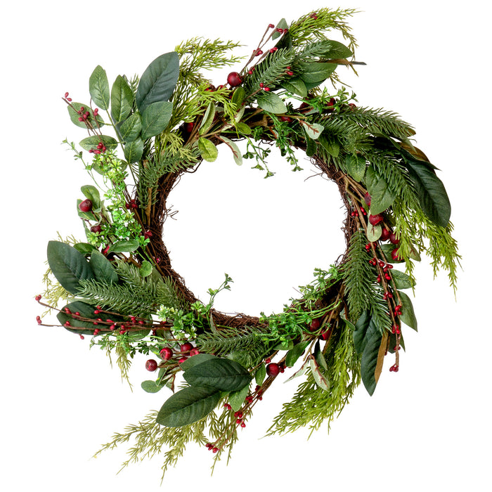 Artificial Red Berry Fern Wreath - Great Front Door and Wall Winter Christmas Decoration - 24 Inches