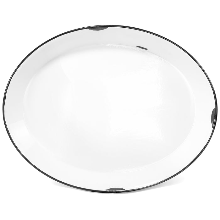 Red Co. Oven Safe Enamelware Metal Classic 16.5” Serving Oval Tray Platter, Distressed White/Black Rim