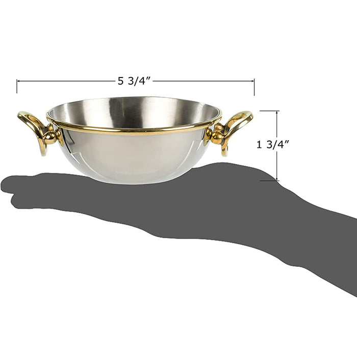 Red Co. Small Round Lazare Stainless Steel Metal Cream Soup All-Purpose Serving and Dipping Bowl in Silver Chrome with Gold Trim and 2 Handles, 4.25 Inch Diameter