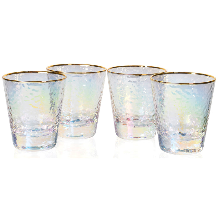 Set of 4 Iridescent Drinking Glasses with Gold Rim