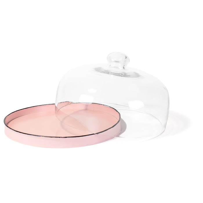 Red Co. Flat 9.75” Round Pink Metal Cake Stand with Clear Glass Cloche Dome with Knob