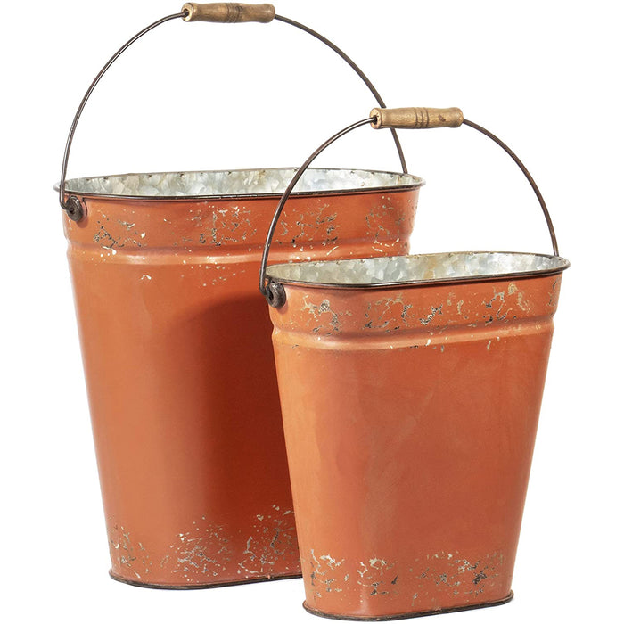 Red Co. Planter Pot, Distressed Metal with Single Handle, Tractor Orange (Set of 2)