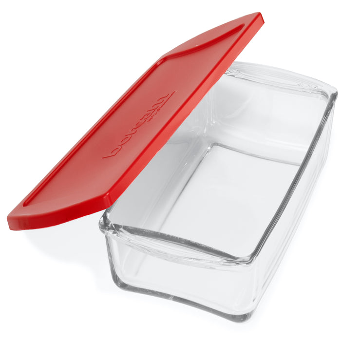 Red Co. 10.25” x 2.25” Clear Borosilicate Glass 1.4 Quart Baking Pan with Handles and Red Lid, Rectangular