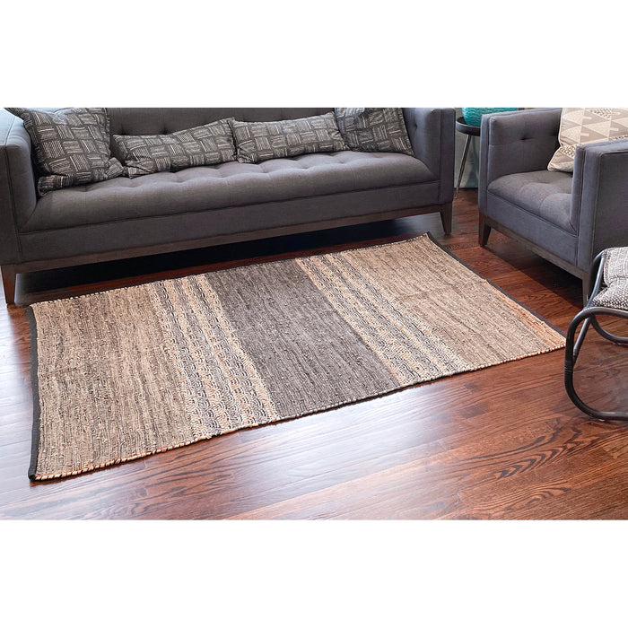 Red Co. Horizontal Pattern Brown and Taupe Rectangular Woven Leather Area Rug, 6 x 4 Ft.