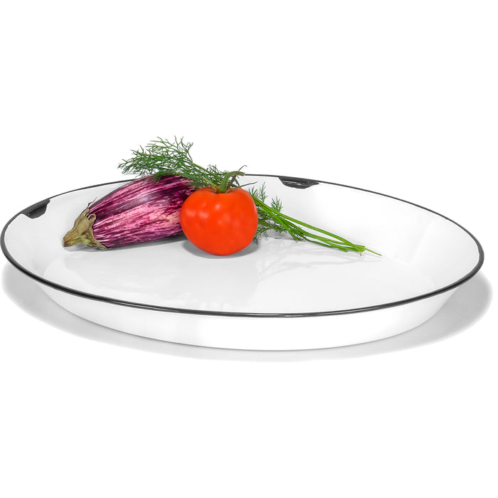 Red Co. Oven Safe Enamelware Metal Classic 16.5” Serving Oval Tray Platter, Distressed White/Black Rim