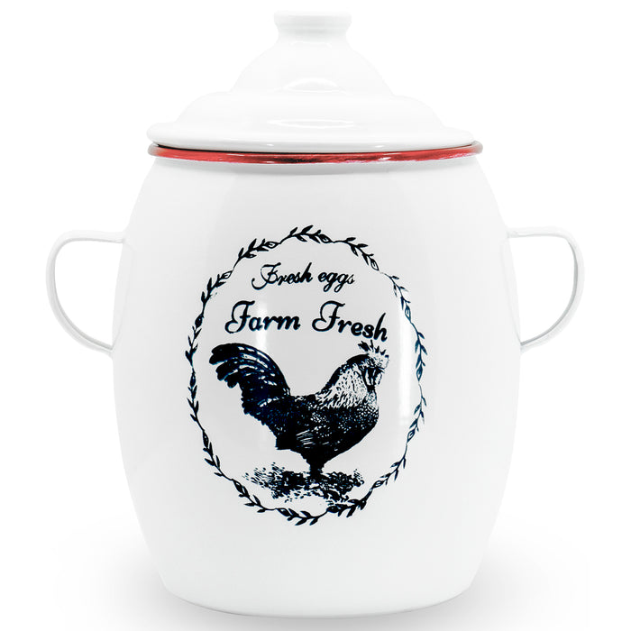 Red Co. All-Purpose Large Metal Canister with Handles and Lid, Farm Fresh Logo, Solid White/Red Rim, 10-Inch