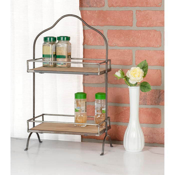 Red Co. Two-Tiered Café Iron Display Rack with Fir Wood Shelves Organizing Kitchen Caddy, 10.5" x 6" x 18"