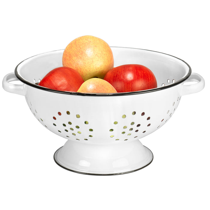 Red Co. Enamelware Metal Classic 10.5 Inch Round Food Strainer Colander with Two Handles, Distressed White/Black Rim