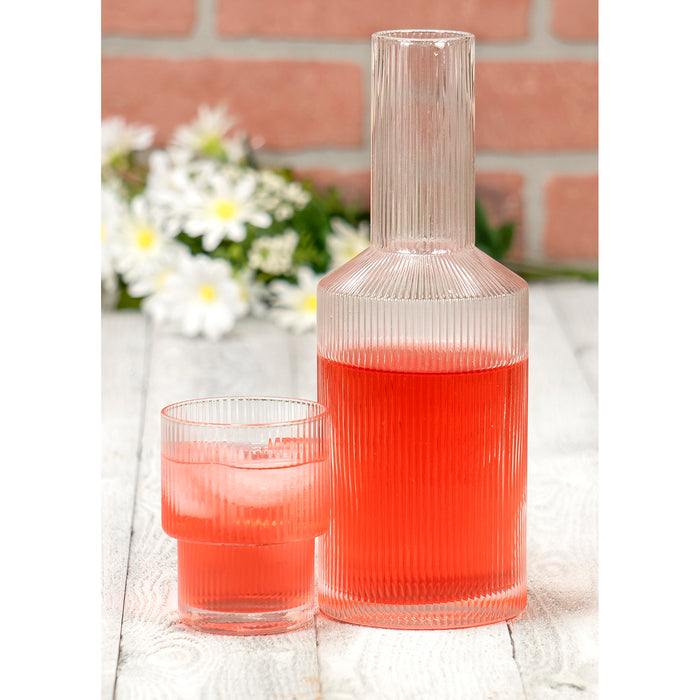 Red Co. Textured Round Clear Glass Bedside Water Serving Carafe with Tumbler – 2-Piece Beverage Set