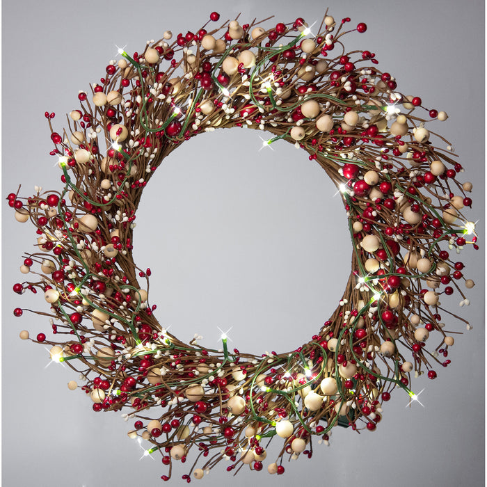 22 Inch Light-Up Christmas Wreath with Red Pip Berries, Plug-in Operated LED Lights