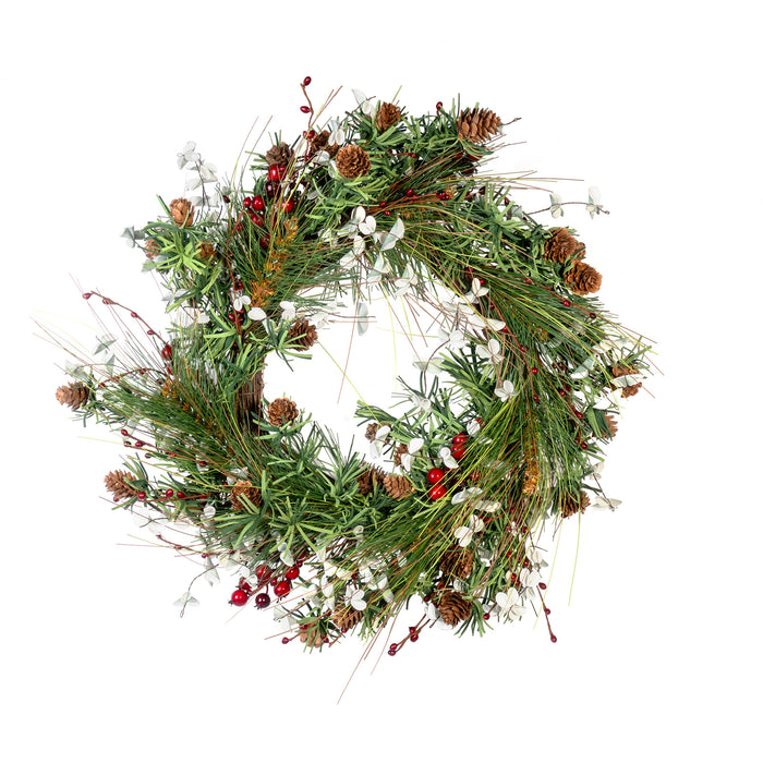 Artificial Winter Pine & Eucalyptus with Red Berries Front Door Wreath, Christmas Wall Decoration - 18 Inches