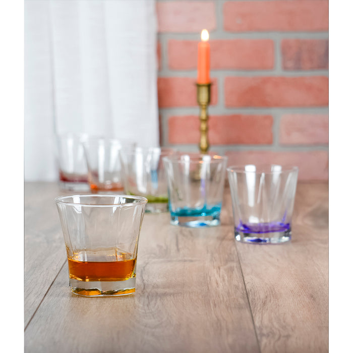 Red Co. Tapering, Fluted Short Lowball Rocks Glasses with Colored Bases, 9.5 Ounce - Set of 6