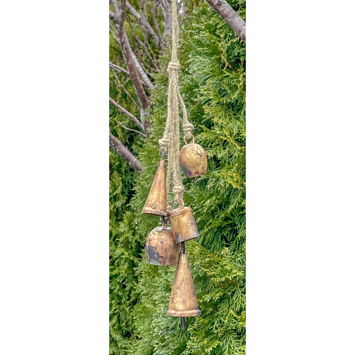 Red Co. 18” Decorative Hanging Bell Cluster Wind Chime in Antique Gold Finish with Jute Rope