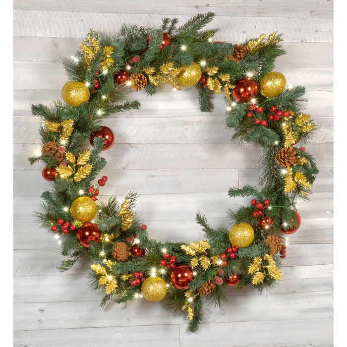 Light-Up Christmas Wreath with Red & Gold Ornaments, Battery Operated LED Lights with Timer