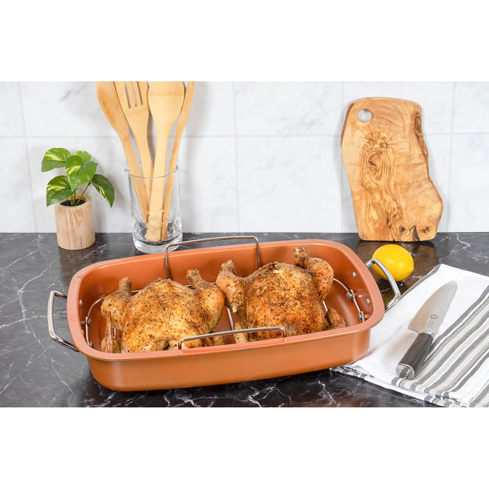 Red Co. Rectangular Copper Non-Stick Roasting Pan with Floating Chrome Rack 2 Piece Set for Baking, Roasting, Oven, Serving - 19.75" x 12.5"