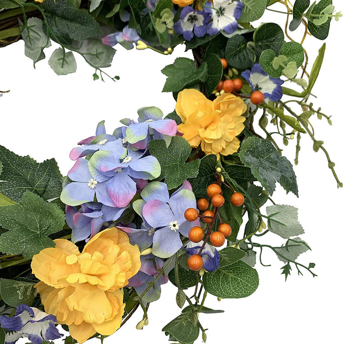 Red Co. 16" Purple Yellow Hydrangeas, Artificial Spring & Summer Wreath, Door Backdrop Ornaments, Home Décor Collection