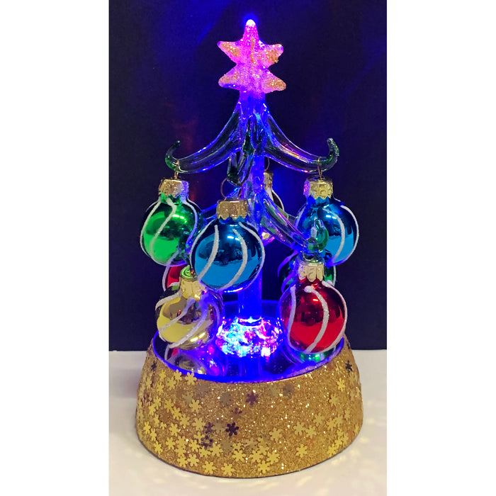 6 Inch Mini Light Up Glass Christmas Tree Tabletop Decoration with Colorful Removable Ornaments, Swirls
