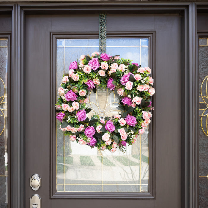 Red Co. 20" Beautiful Pink Roses, Artificial Spring & Summer Wreath, Door Backdrop Ornaments, Home Décor Collection