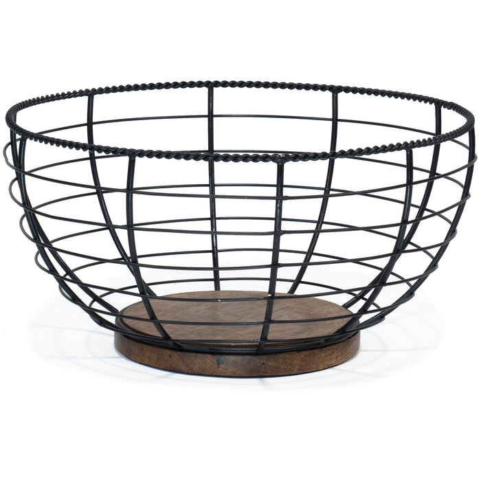 Red Co. 12” Decorative Black Aluminum Wire Centerpiece Basket Bowl with Wooden Bottom