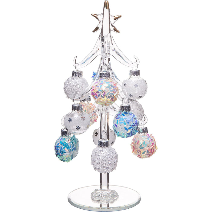Beautiful Glass Christmas Tree, Small Glass Table Top Decoration with Removable Sphere Ornaments, Mosaic Orbs, Holiday Season Décor, 8-inch