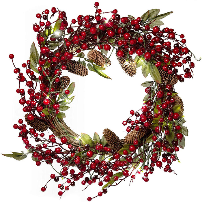 22 Inch Light-Up Christmas Wreath with Pinecones, Leaves & Red Cranberries, Plug-in Operated LED Lights