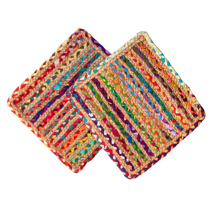 Red Co. Set of 2 Square Colorful Woven Jute Placemats, Indoor or Outdoor, 15 Inches