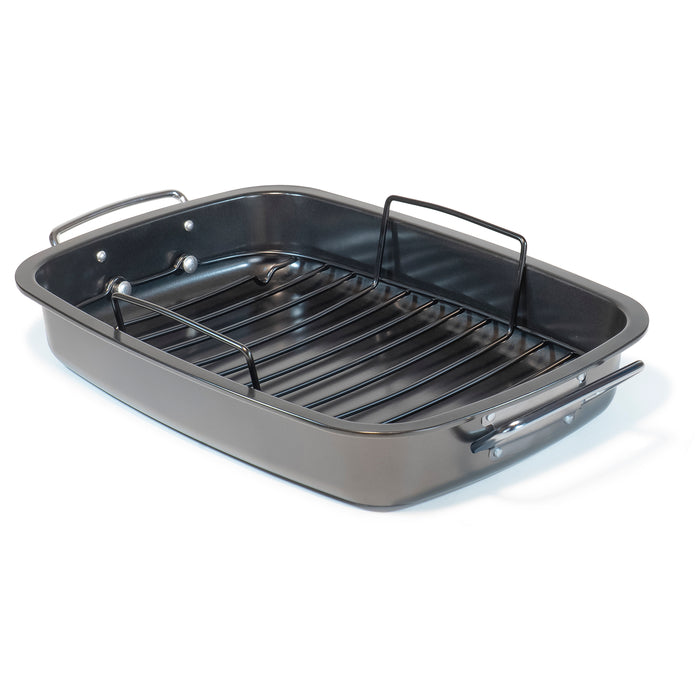 Red Co. Rectangular Black Deep Roasting Pan with Floating Detachable Rack and Chrome Handles - 17.5" x 12.5" x 2.75"