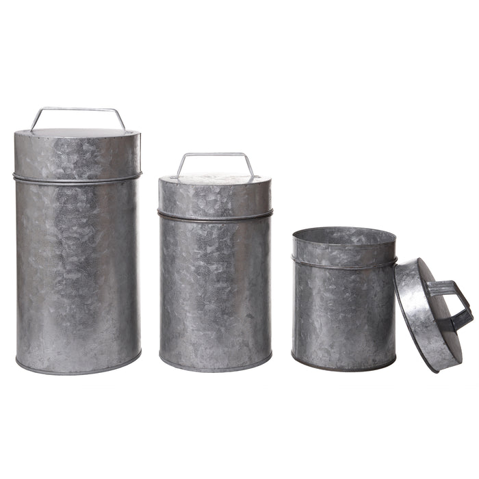 Red Co. Set of 3 Galvanized Metal Canisters with Handle, Decorative Storage Solution, Three Sizes