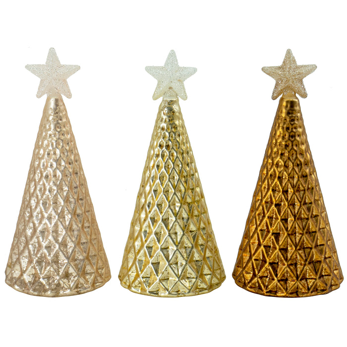 Red Co. Glass Christmas Tree Figurine Ornaments in Gold Finish with Shiny Stars, Tabletop Holiday Season Decor, 6.5 Inches, Set of 3