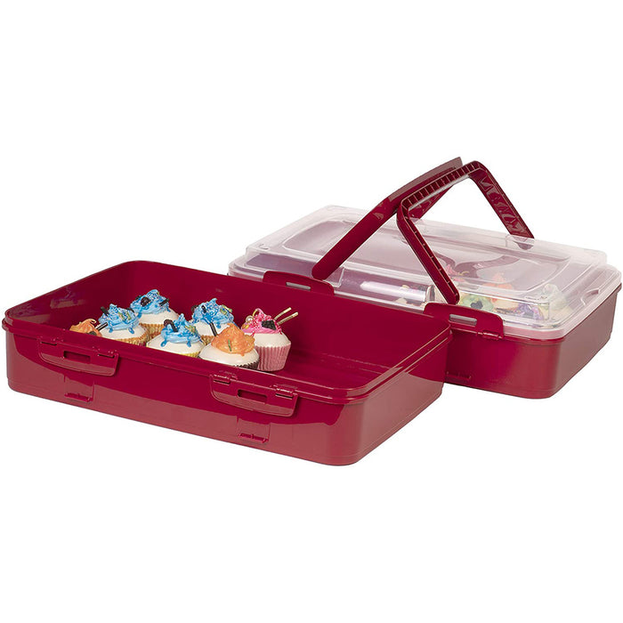 Red Co. Red Rectangular 2 Tiered Pastry and Pie Carrying Box Folding Handle Multi Purpose Food Storage - 16.5" x 7" x 11.25"