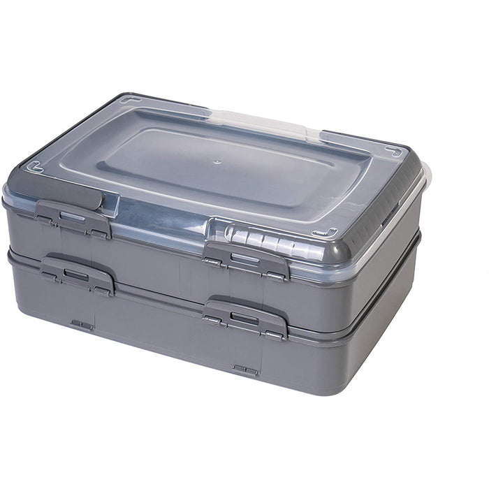 Red Co. Grey Rectangular 2 Tiered Pastry and Pie Carrying Box Folding Handle Multi Purpose Food Storage - 16.5" x 7" x 11.25"