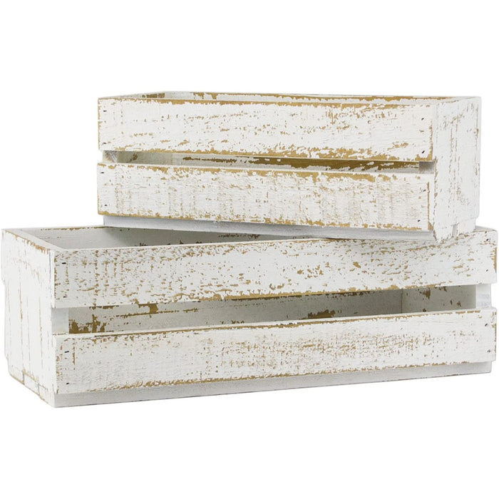 Red Co. Farmhouse Distressed White Wooden Crates for Vintage Shabby Chic Home Decor, Set of 2