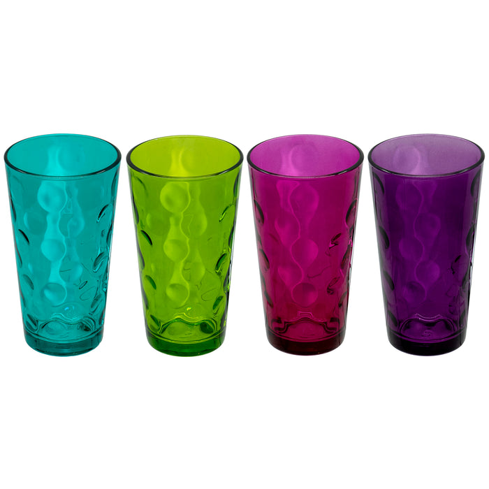 Bubble Textured Clear Multi Colored Drinking Tumbler Glass for Water, Juice, Beverages, Cocktails, 15.25 Ounce - Set of 4