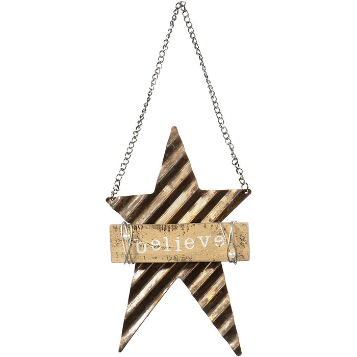 Red Co. Believe Hanging Corrugated Metal Star Ornament