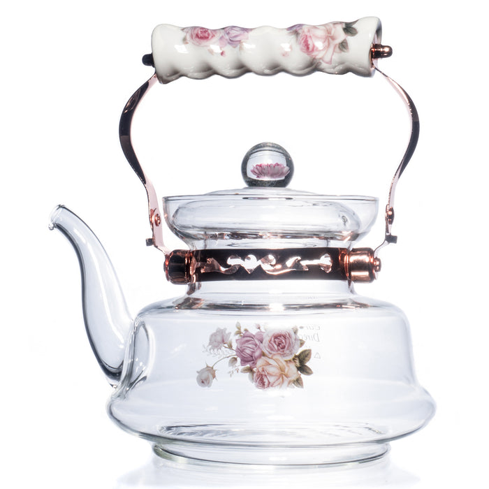 Floral European Style Glass Stovetop Teapot with Stainless Steel Infuser, 34 Ounce - Assorted Patterns
