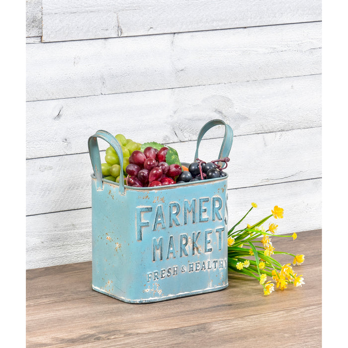 Red Co. Blue Farmers Market Container with Handles Metal Can Home and Garden Organizer