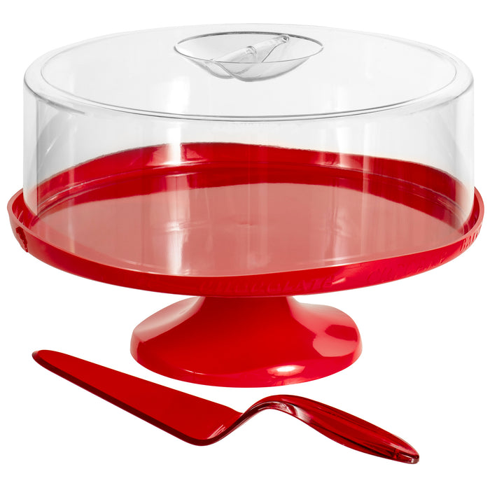 Red Co. Durable Plastic Cake Stand with Dome Cover and Serving Spatula, Covered Pedestal Dessert Display — 11 Inches — Color Vary