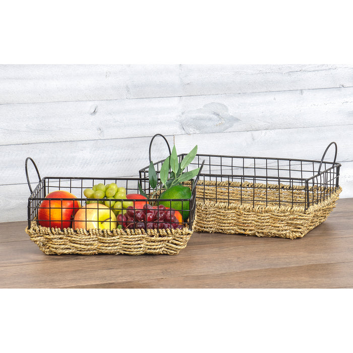 Red Co. Rectangular Multi-Purpose Seagrass Basket with Tall Metal Wire Cage and Handles, Storage Containers, Home Organizers - Set of 2