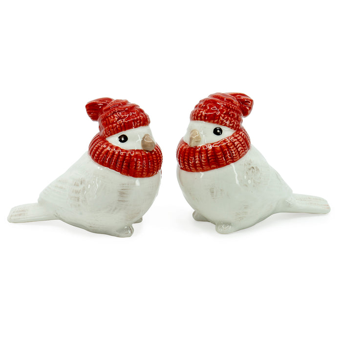 Red Co. Stoneware Little Sitting Bird Figurines, White Sparrows in Red Caps and Snoods, 3-Inch, Set of 2