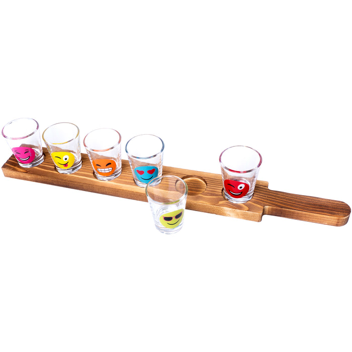 Fun Emoji Shot Drinking Glasses with Wood Paddle Serving Tray, Set of 6