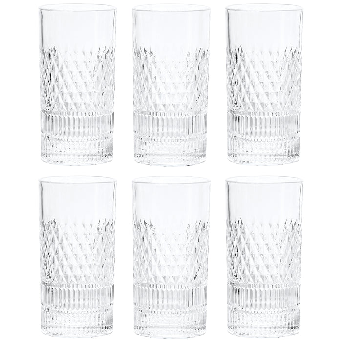 Red Co. Tall Clear Tumbler Glass with Diamond Etched Surface for Water, Juice, Beer, Whiskey, and Cocktails, 12 Ounce - Set of 6