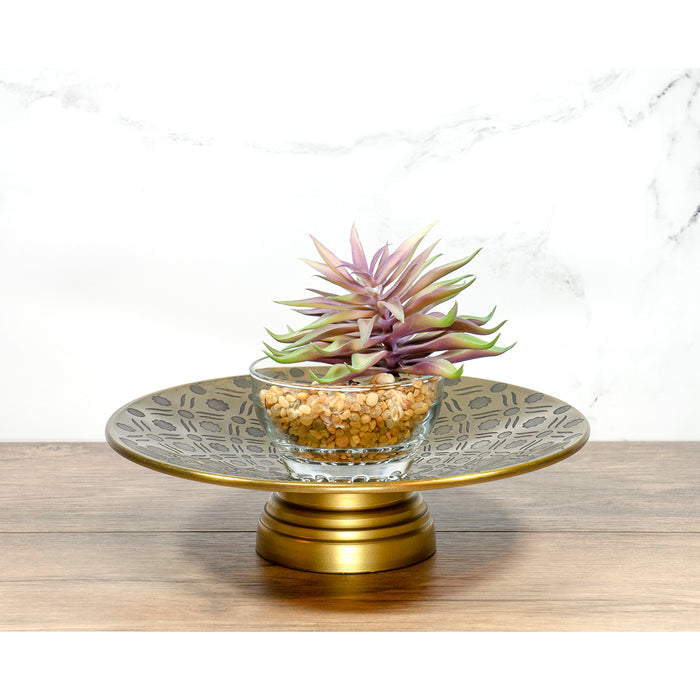 Red Co. Round Gold Metal Decorative Pedestal Plate with Embossed Surface, for Centerpiece Living Room Décor - 10.25 Inches