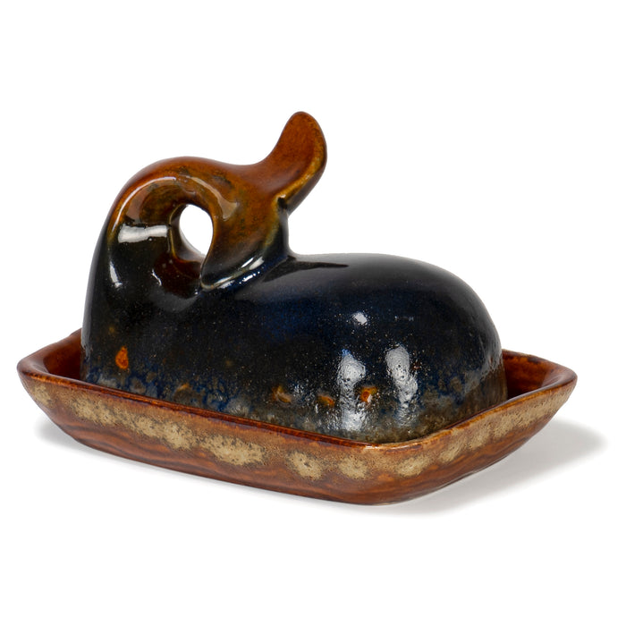 Red Co. Glazed Brown Stoneware Decorative Butter Dish with Black Whale Shaped Lid Countertop Storage Container - 7 Inch