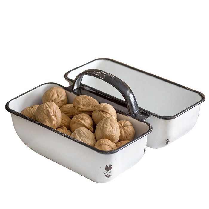 Farmhouse Distressed Rustic Enamelware Nut Bowl, 2-Compartment Serving and Storage Caddy Organizer with Handle