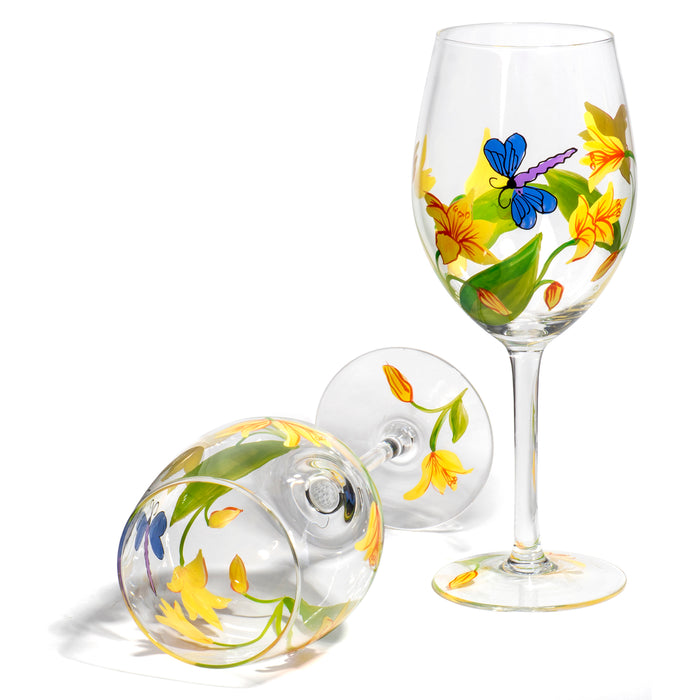 Red Co. Dragonfly Ladybug Yellow Flower Garden Painted Wine Glass Set of 4, 18 oz.